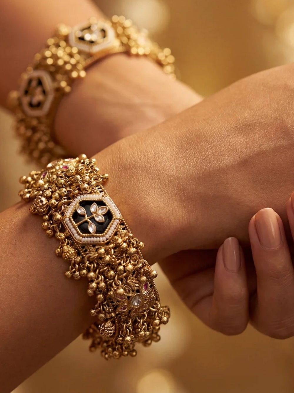 Gold Toned Floral Motif Statement Bracelet - Openable